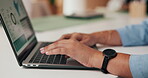 Chart, hands and typing on laptop screen in office for income report, market trends or valuation. Analyst, person and tech with graphs for budget forecasting, financial modeling and KPI performance