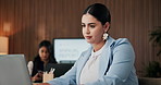 Business, woman and typing with laptop in office for company report, journalism or blog. Female person, journalist or writing with computer for project schedule, online tasks or agenda in workplace