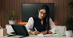 Research, tablet and multitasking with business woman for time lapse, account review and phone call. Planning, documents and portfolio manager with person in firm for investor proposal and online