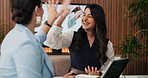 Business, women or high five with tablet in office for pitch success, funding approval or good news. Applause, tech and happy team with celebration in meeting for annual report, feedback or fist pump