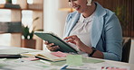 Office, paperwork and businesswoman with tablet, happy and financial forecasting on web or browsing. Business analyst, laughing and person with tech for investment proposal, reading and documents