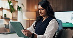 Businesswoman, scroll and happy with tablet, office and financial forecasting on website and review. Business analyst, laughing and person with tech for investment proposal, reading and budget on app