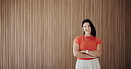 Face, corporate and woman with arms crossed in office for career pride, about us and real estate. Portrait, female person and space with employee ambition, auction consultant and property development