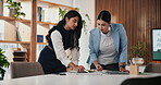 Meeting, discussion and documents with business people in office for budget review, investment and advice. Annual treasury report, planning and portfolio feedback with women in finance firm for audit