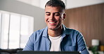 Laughing, man and typing with laptop, home office and smile for article, remote work and journalism. Happy, freelancer and person with humor for funny story, creative and editing with tech in house