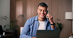 Phone call, discussion or man with laptop for remote work, site feedback or homepage optimization plan. Home, web traffic growth or seo specialist with tech for smile, freelancer or explain backlinks