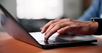 Computer, typing and hands of businessman in office for research on creative project online. Technology, contact and male magazine editor with email for feedback on publishing at startup agency.