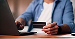 Hands, person and credit card with laptop in office for ecommerce, online payment and copywriting. Employee, pc and bank information for purchase, finance security and password for submission fees