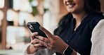 Woman, phone and hands in office with typing, email response and problem solving for business. Creative, project management and idea in event agency with decision, brainstorming solution and feedback