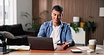 Business, man and credit card with laptop in office for ecommerce, online payment and copywriting. Male person, pc and bank information for purchase, finance security and password for submission fees
