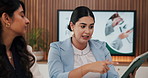 Meeting, office and women with annual report on tablet for financial review, business growth and planning. Collaboration, team and people on tech for finance trends, budget proposal and performance