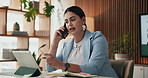 Happy woman, tablet and discussion with phone call for business negotiation or advice in office. Female person, analyst or conversation with mobile smartphone or technology for online report or chat