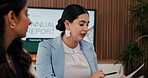 Meeting, discussion and team with business woman in office for budget review, investment and advice. Annual treasury report, planning and portfolio feedback with employees in finance firm for audit