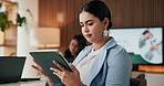 Woman, tablet and scroll in office with typing, email response and problem solving for business. Creative, coworking and thinking in event agency with decision, brainstorming solution and feedback