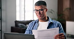 Businessman, video call and documents with laptop for finance proposal or online advice in home. Man, consultant or agent talking with smile, glasses or paper for insurance help or virtual assistance