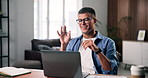 Businessman, video call and documents with laptop in home for finance proposal or online advice. Man, consultant or agent talking with smile, glasses or paper for insurance help or virtual assistance