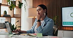 Thinking, businesswoman and research with laptop, office and financial forecasting on web or review. Business analyst, happy and person with tech for investment proposal, reading and budget on app