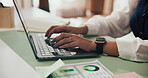Hands, woman and typing on laptop in office for income report, market research and client email. Graphs, financial analyst and tech at desk for budget forecasting, investment proposal and feedback