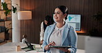 Tablet, planning and business woman by glass for finance strategy, brainstorming and solution. Problem solving, digital tech and person with sticky notes for financial report, proposal and agenda