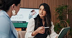 Meeting, discussion and tablet with business woman in office for budget review, investment and advice. Annual treasury report, planning and online portfolio feedback with employees in finance firm
