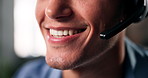 Happy man, mouth and consultant with headset in home for online advice or customer service. Closeup, male person or friendly agent with smile or mic for virtual assistance, support or help in house