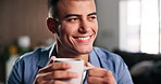 Man, smile and thinking in house with coffee, calm morning routine and contemplation for weekend break. Happy, person and smell tea in home with reflection, peace and remember memory for nostalgia.