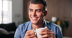 Man, smile and thinking in home with coffee, calm morning routine and contemplation for weekend break. Happy, person and smell tea in house with reflection, peace and remember memory for nostalgia.