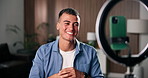 Phone, ring light and man with welcome for live stream, content creation and social media in home. Streamer, influencer and gen z person with tech for broadcast, performance and online introduction