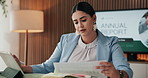 Reading, paperwork and businesswoman with tablet, office and data analysis for annual report on web. Financial analyst, scroll and person with tech for income review, graphs or research with document