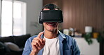 Virtual reality, touch and man on sofa for online gaming, metaverse or connection in home. Happy, person and living room with VR headset for augmented user experience, simulation or entertainment