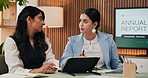 Discussion, business and women with annual report on tablet for finance review, profit growth and planning. Collaboration, team and people on tech for financial trends, budget proposal or performance