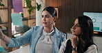 Talking, sticky notes and business women by glass for finance strategy, brainstorming and solution. Problem solving, teamwork and people with reminder for financial report, budget and writing agenda