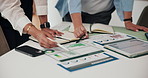 Business people, hands and writing with documents for analytics, statistics or performance review. Employees, colleagues or meeting with paperwork, graph or chart for company analysis or revenue