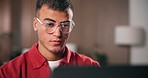 Review, glasses or man in office with laptop, draft edit or source feedback for article. Reading, specs or journalist in agency with tech, fact check or industry research for online publication.