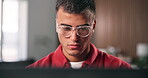 Review, glasses or journalist in office with laptop, draft edit or source feedback in article update. Reading, specs or man in agency with tech, fact check or industry research for online publication