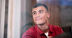 Relax, smile or man at window with thinking, perspective or nostalgia on weekend break. Happy, mindfulness or male person in house with thoughts, positive memory or daydreaming in free time.