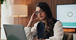 Frustrated, woman or headache with stress on laptop for mistake, financial crisis or tax in office. Female person, employee or migraine with computer for debt, company bankruptcy or fail in workplace