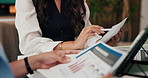 Business, graph and hands of people with documents for finance review, profit growth and research. Team, meeting and workers with paperwork for statistics, graph and financial report for proposal