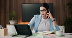 Phone call, tablet and multitasking with business woman for time lapse, account review and research. Planning, documents and portfolio manager with person in firm for investor proposal and online