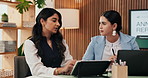 Meeting, office and business women on tech with annual report for financial review, growth and planning. Collaboration, team and people on laptop for finance trends, budget proposal and performance