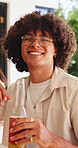 Happy, lunch and face of man with friends for social gathering, reunion and conversation. Patio, summer and portrait of person with alcohol, drinks and meal for bonding, connection and celebration