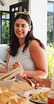 Face, woman and meal with friends at patio for social gathering, reunion and eating food on holiday. Home, together and hangout with lunch on weekend, smile and people with alcohol or outdoor event