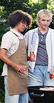 Meat, men and friends with beer at barbecue in backyard for birthday party, social event or talking. Happy, people and beef bbq on grill in home garden with drinks, holiday cookout or weekend reunion