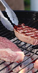 Food, barbecue and closeup of meat on grill for social gathering, party and hangout together in summer. Fire, cookout and steak with flames for bbq for holiday, celebration and reunion on weekend