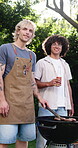 Face, men and bbq with beer in backyard for social gathering, weekend break and celebration cheers. Happy, friends and alcohol toast at barbecue in home garden for holiday reunion, food and bonding