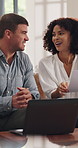 Discussion, paper and couple on sofa with laptop, financial review and online banking in house. Budget, man and woman in living room with tech, investment document and planning in asset management.