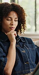 Business, woman or thinking with tablet in home for draft feedback, story revision or remote work. Freelance editor, african person or thoughtful with tech for blog decision, grammar check or editing