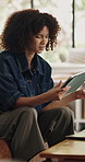 Stress, documents and woman in home, tablet for finance and checklist for banking statements. Concern, frustrated and person in living room, paperwork and tech for debt review and investment analysis