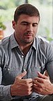 Psychology, talking and man with stress in counseling for anger management, ptsd and personal story. Mental health, anxiety or patient with chat in CBT for trauma therapy, regret or behavioral change