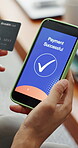Phone screen, online shopping and hands with credit card, house and payment verification on website. Ecommerce, success and person with mobile for order, display or notification for complete purchase